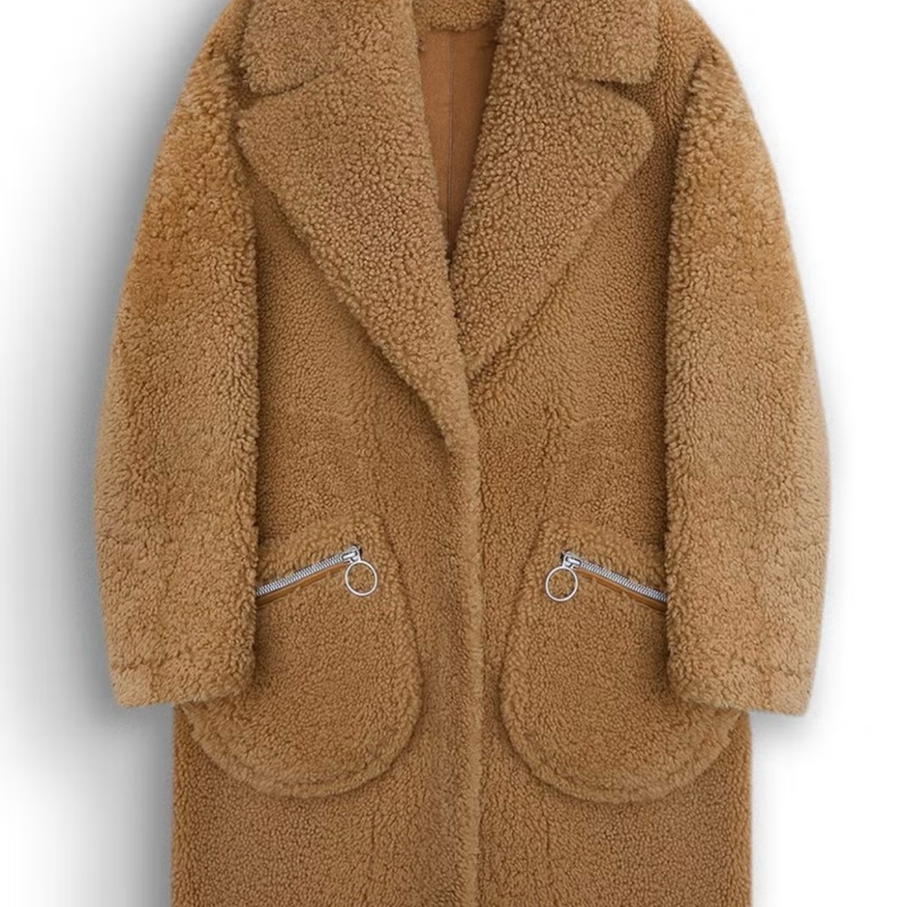 Tan Teddy Jacket with Plush Texture and Oversized Style- NEVER WORN